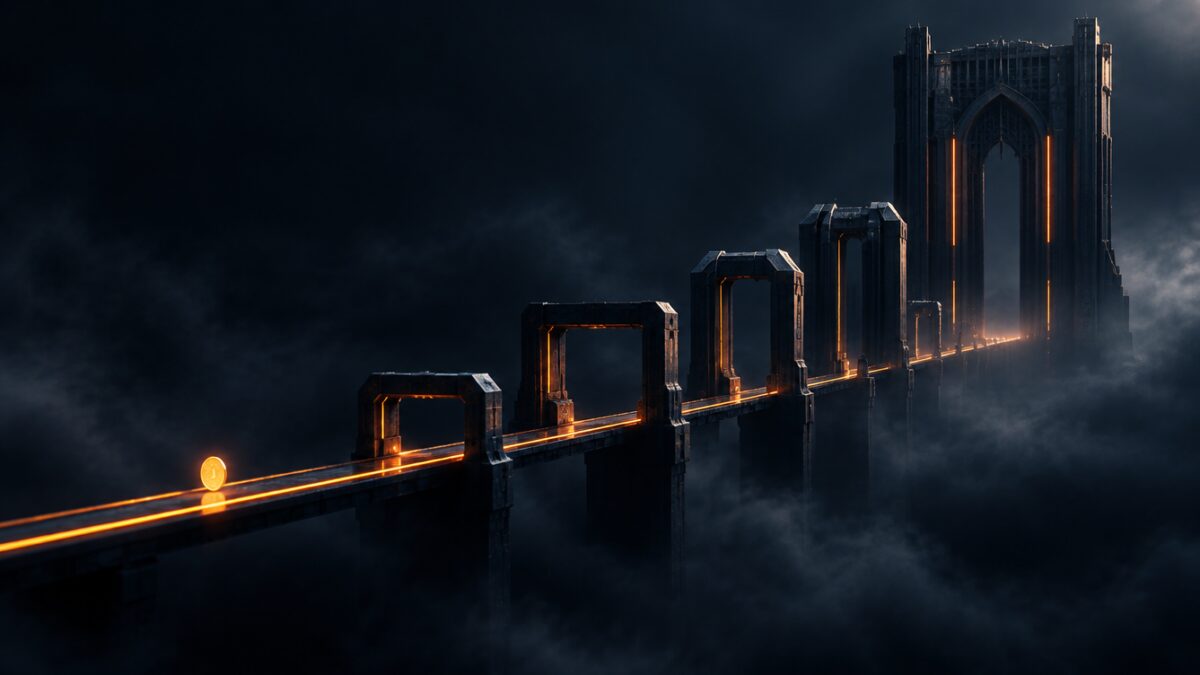 Eight toll gates of wildly different sizes on one glowing blockchain bridge, illustrating identical crypto withdrawals priced very differently